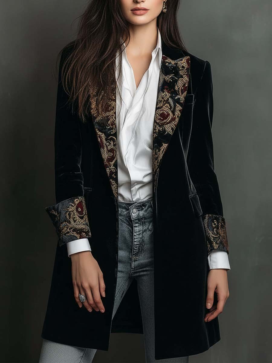 Ria™ | Lange zwarte blazer met barokprint