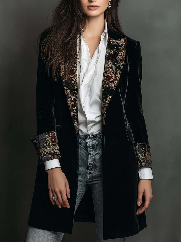 Ria™ | Lange zwarte blazer met barokprint