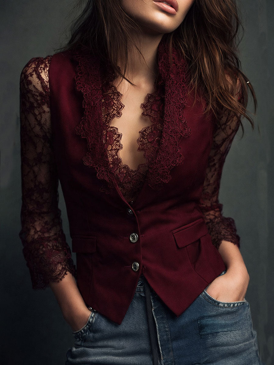 Noortje™ | Zwarte blazer met kanten mouwen