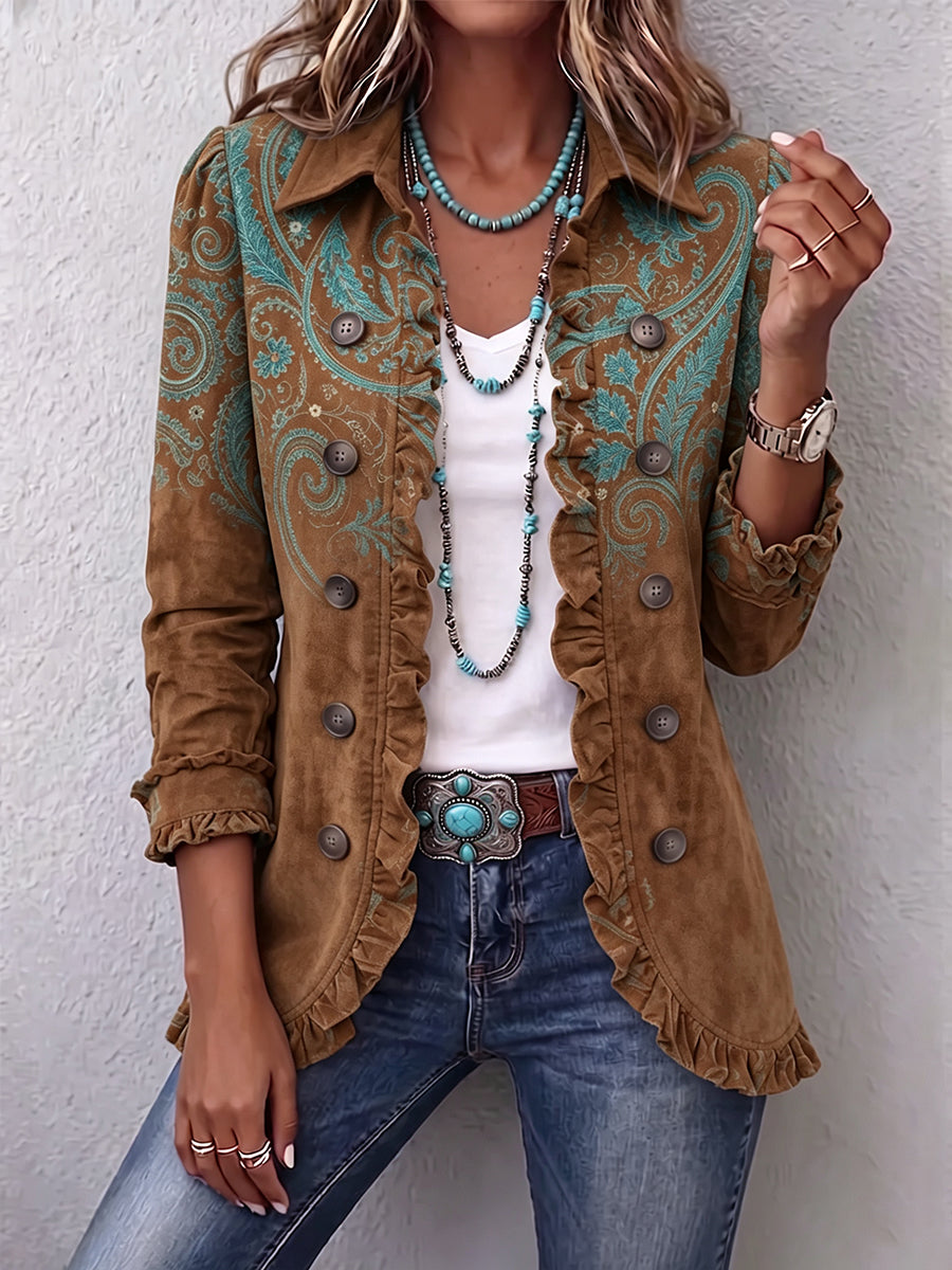 Margreet™ | Bruine blazer met turquoise paisley