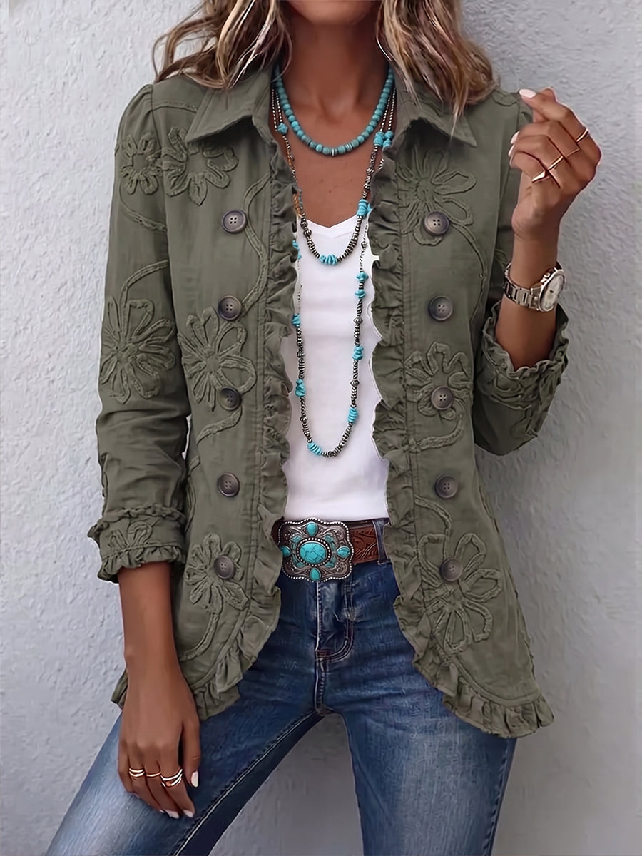 Els™ | Blazer met geborduurde bloemen in olijfgroen